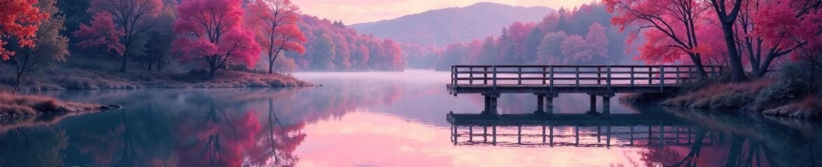 Obraz premium soft pink hues dance across calm lake surface beneath wooden bridge, reflection, wood