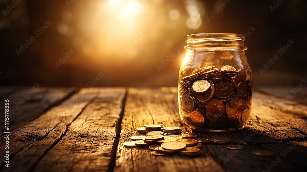 Poster savings goals jar filled with coins on a wooden shelf stock photo with side copy space