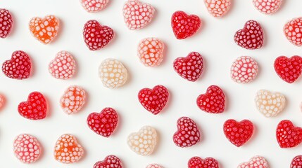 A playful mix of red and pink heart-shaped chewy candies spread across a white background, perfect for Valentine's visuals.