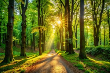 Serene Forest Walk: Sunlight Dappled Path Through Lush Woods