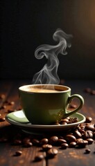 Square-shaped coffee bean with steam rising from the cup, hot, mist