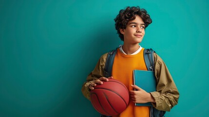 A Teenage Boy Balancing Academics and Sports with a Basketball and Notebook Against a Vibrant Turquoise Background