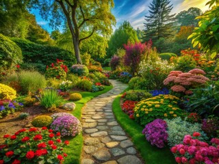 Obraz premium Serene Garden Path: Lush Landscaping with Meandering Walkway & Blooming Plants