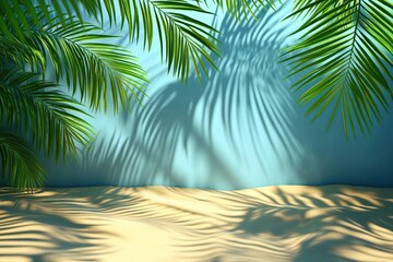 Palm Leaves Cast Shadows on Sandy Beach, Creating a Relaxing Summer Vibe, Ideal for Vacation