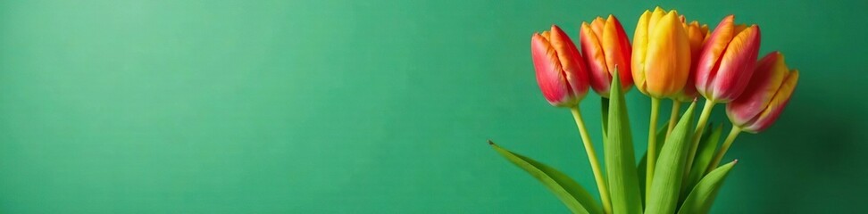 Fototapeta premium Stunted tulip stem with green leaves in a vase, green, tulips