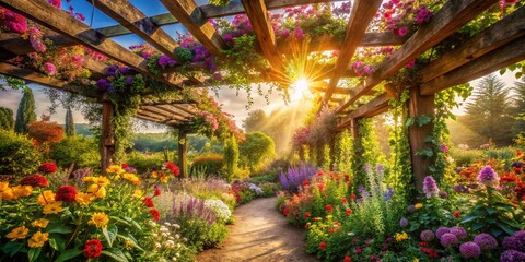 Obraz premium Serene Garden Pergola: Double Exposure Stock Photo of Nature and Architecture