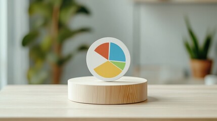 Fototapeta premium Consumer behavior insights. Colorful pie chart on a wooden base with greenery in a bright, modern workspace.