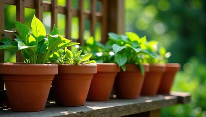 Terracotta pots with plants in them placed on a wooden trellis in the garden corner, raised, plants
