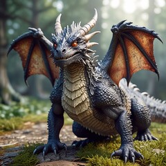 Naklejka premium Terrible scary dragon with wings, full length, close-up