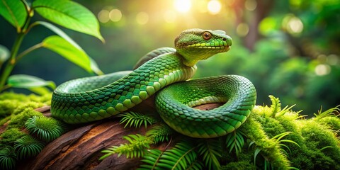 Obraz premium Serene Green Snake Coiled on Mossy Log in Tranquil Forest Habitat - Urban Exploration Photography