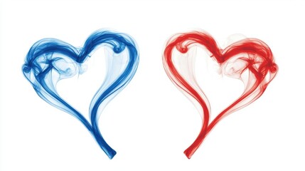 Blue and Red Heart Shapes Formed by Colorful Smoke on White Background