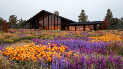 Obraz premium Stunning Modern House Surrounded by Vibrant Flower Field in Peaceful Landscape