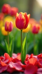 Fototapeta premium Tulip petals scattered around the base of a stem, colors, petals, field