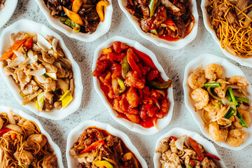 Assorted Asian Cuisine Dishes with Stir Fry, Noodles, and Sweet and Sour, Top View