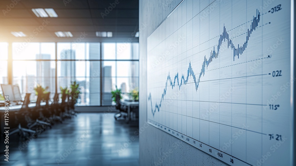 Poster savings goals steps outlined on a whiteboard in an office stock photo with side copy space