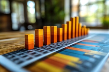 Colorful bar graph represents data growth with wooden blocks on a table surrounded by a bright environment