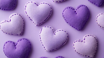 Fototapeta premium A romantic Valentine's background featuring stitched handmade hearts scattered on a smooth violet surface. Ideal for love-themed content.