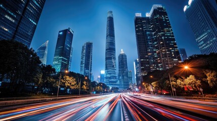 Fototapeta premium Night Cityscape Showing Skyscrapers and Light Trails