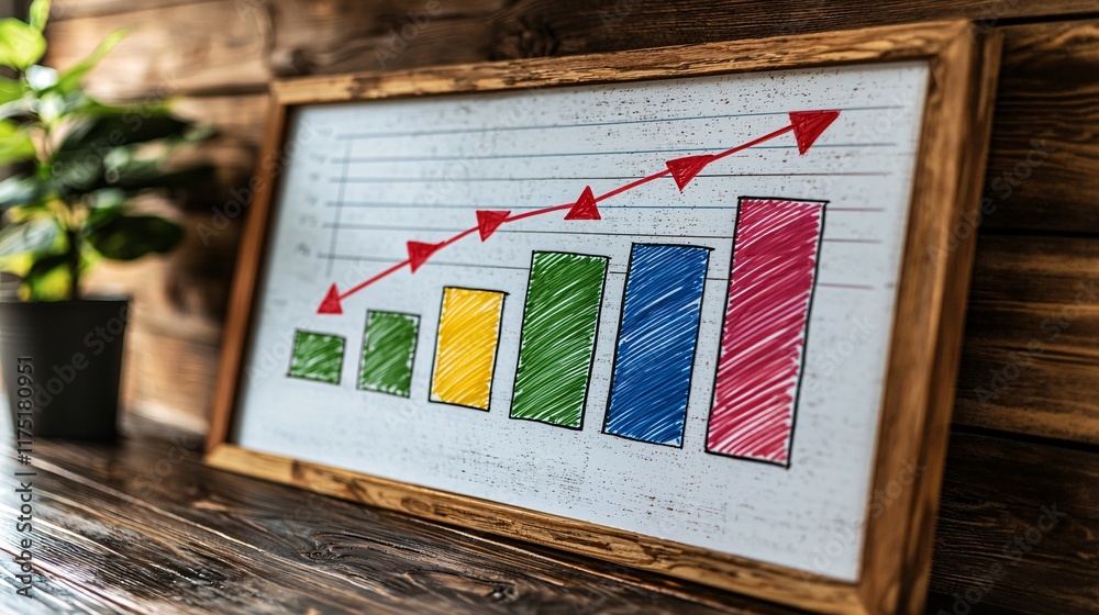 Poster savings goals steps outlined on a whiteboard in an office stock photo with side copy space