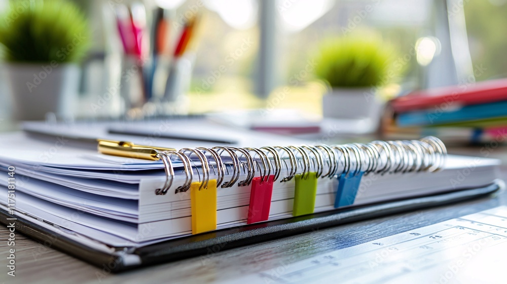Poster savings goals binder organized with tabs and trackers stock photo with side copy space