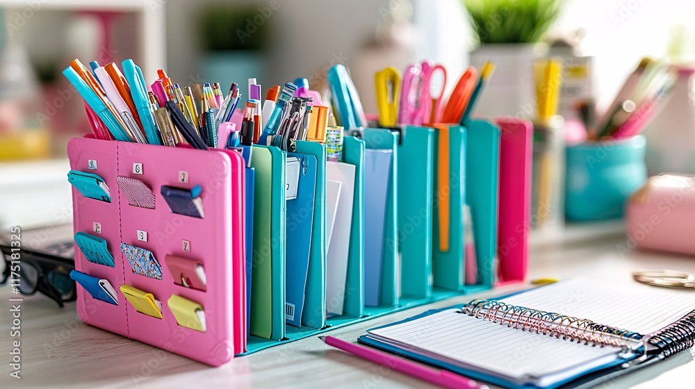 Poster savings goals binder organized with tabs and trackers stock photo with side copy space