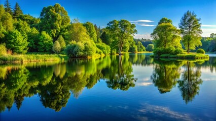 Fototapeta premium Serene Lakeside Reflection: Tranquil Nature Scene with Trees and Still Water