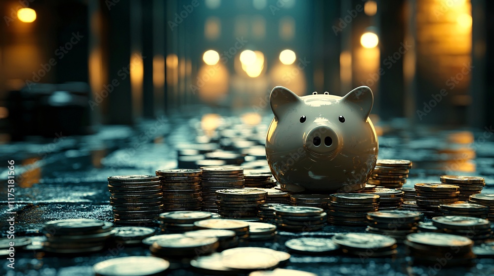Poster savings goals piggy bank surrounded by stacks of coins stock photo with side copy space