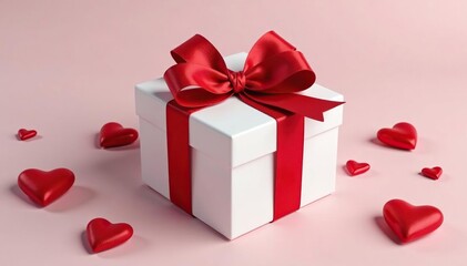 Obraz premium White gift box wrapped in red velvet ribbon and bow, gift box, ribbon