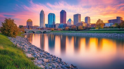 Tulsa Skyline at Sunset Reflecting on Calm Water