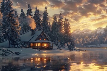 Fototapeta premium A tranquil lakeside cabin surrounded by snow-covered pine trees, smoke curling up from the chimney, and the frozen lake reflecting the golden hues of sunset.