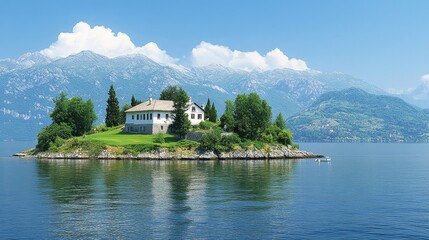 Fototapeta premium Serene Island Monastery nestled amidst majestic mountains and tranquil waters
