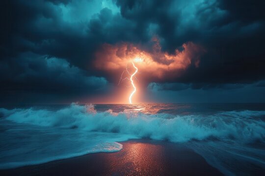 a dramatic beach scene captures the moment of a lightning bolt striking the ocean as dark clouds loom above showcasing the raw power of nature and the beauty of an impending storm