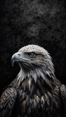 Fototapeta premium Intense portrait of a sharp beaked eagle in dark setting captured with professional focus and dramatic lighting