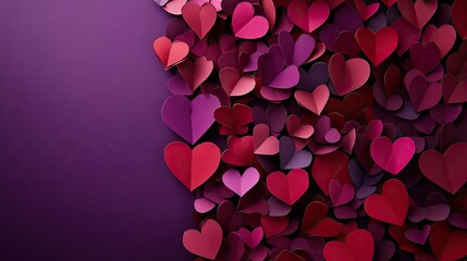 A vibrant Valentine's Day theme with handmade paper hearts in red and pink, artfully displayed on a violet backdrop.