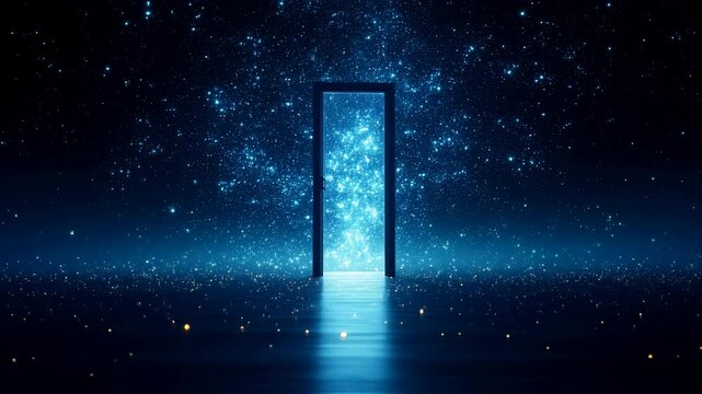Open door leads to an infinite expanse filled with glowing, star-like data points, symbolizing how every new technology opens gateways to limitless realities
