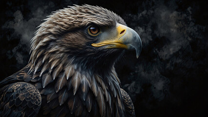 Fototapeta premium Majestic eagle captured in professional quality portrait showcasing its strong beak set against a dark backdrop
