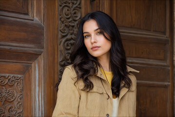 Fototapeta premium Portrait of a brunette in a beige jacket against the background of an old wooden door with tiles