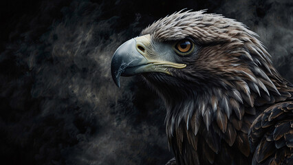 Obraz premium Powerful eagle portrait with intense sharp beak captured in high resolution professional image with dark backdrop