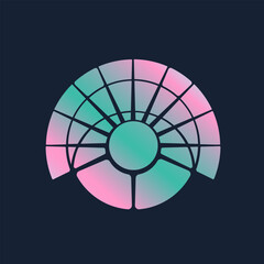 Sacred geometry circle logo emblem. Shiny light rays, night eye neon color alchemy symbol. Modern, geometric, spa style icon isolated on dark fund. Circular minimal deco design mosaic lines.