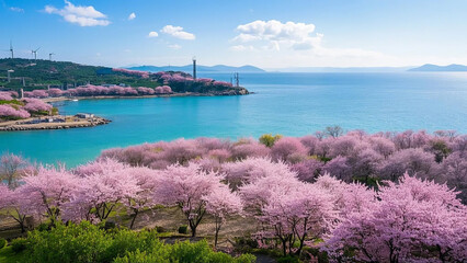 Obraz premium Cherry blossoms are in full bloom at the Lushun Cherry Blossom Garden in Dalian, Liaoning, China