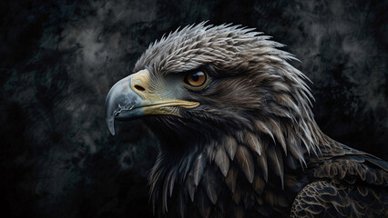 Fototapeta premium Striking eagle portrait showing its powerful beak in professional photo with dark atmospheric lighting and background