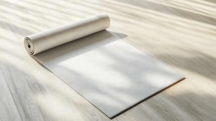 Mockup of a roll-up yoga mat with a custom print placed on a light wooden floor