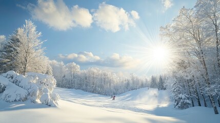 Fototapeta premium Sunny Winter Ski Slope Snow Covered Trees