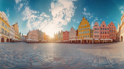 Obraz premium A panoramic view of the Old Town square, featuring a blend of Gothic and Renaissance architecture under a bright sky
