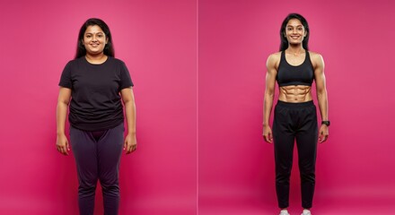 Fototapeta premium Transformation journey of south asian female from overweight to fit with pink background
