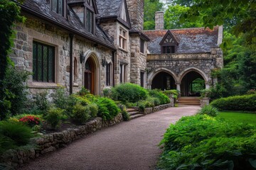 Fototapeta premium A serene countryside manor with stone walls, arched doorways, and a lush garden path leading to the entrance