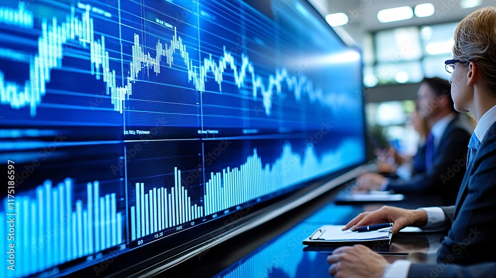 Poster wealth management session taking place in a modern meeting room stock photo with side copy space