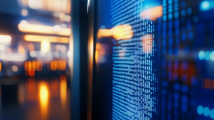 Close-up of digital screen showing labor market graph with job openings and employment rates, office setting with copy space for text overlay.