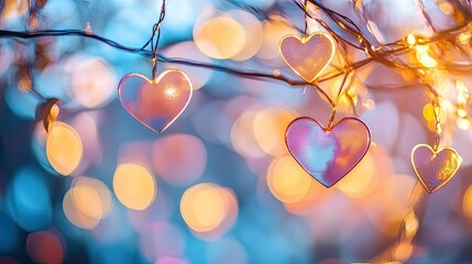 Naklejka premium Heart-shaped bokeh lights glowing softly in a mix of warm and pastel tones, floating across a subtle blurred background.