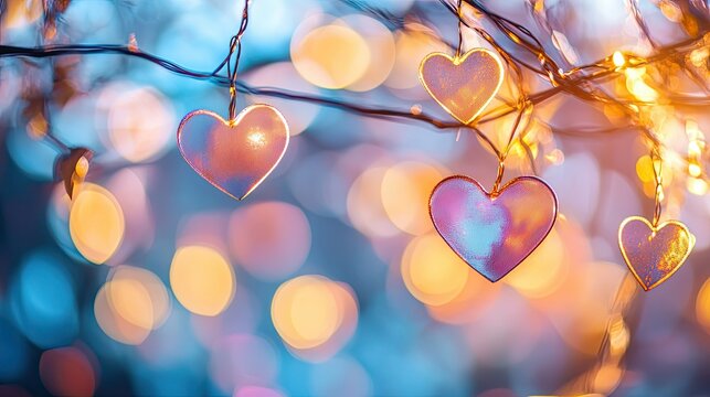 Heart-shaped bokeh lights glowing softly in a mix of warm and pastel tones, floating across a subtle blurred background.